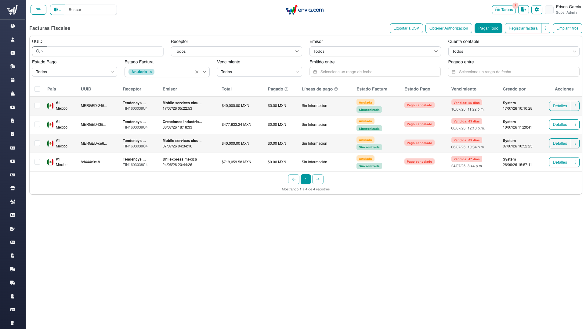 Listing filtered by voided invoices